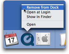 QuickTime icon menu with Remove from Dock being selected.